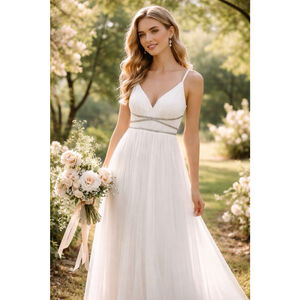 Women's Candalite White Silver Embellished Wedding Dress Prom Occasion Dress L